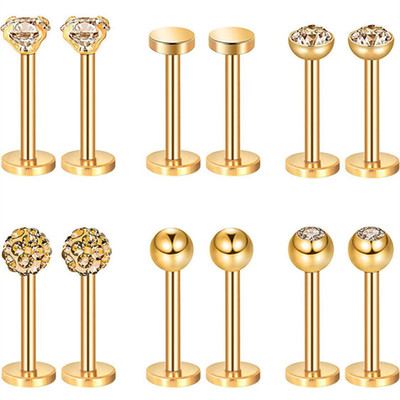 12PCS Stainless Steel Labret Piercing 16G Lip Ring Crystal