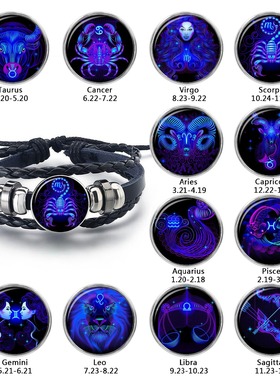 12 Constellation Zodiac Sign Black Braided Leather Bracelet