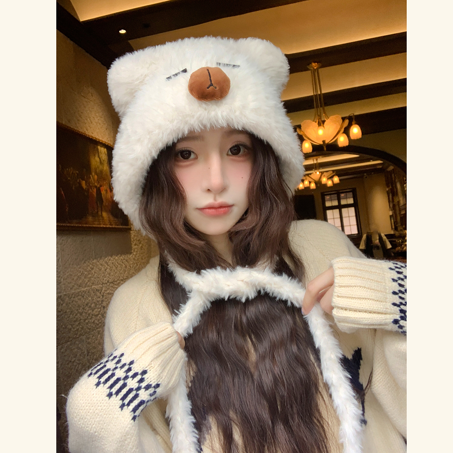 可爱小熊毛绒帽子女冬季加厚保暖护耳帽毛绒雷锋帽韩版套头帽防寒