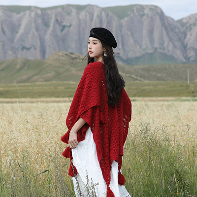 森系镂空纯色百搭针织披肩女新疆西藏草原旅行洋气披风斗篷外搭潮