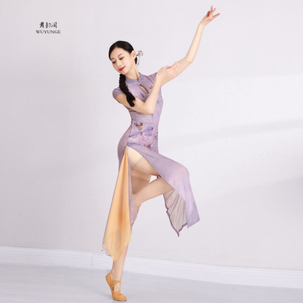 古典舞蹈专用旗袍女中国风双开叉舞蹈练功服高弹力旗袍纱衣演出服