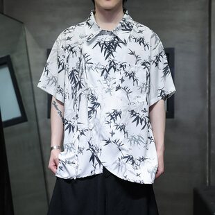 改良新中式树叶印花冰丝短袖盘扣小众不规则衬衫男-P58控78