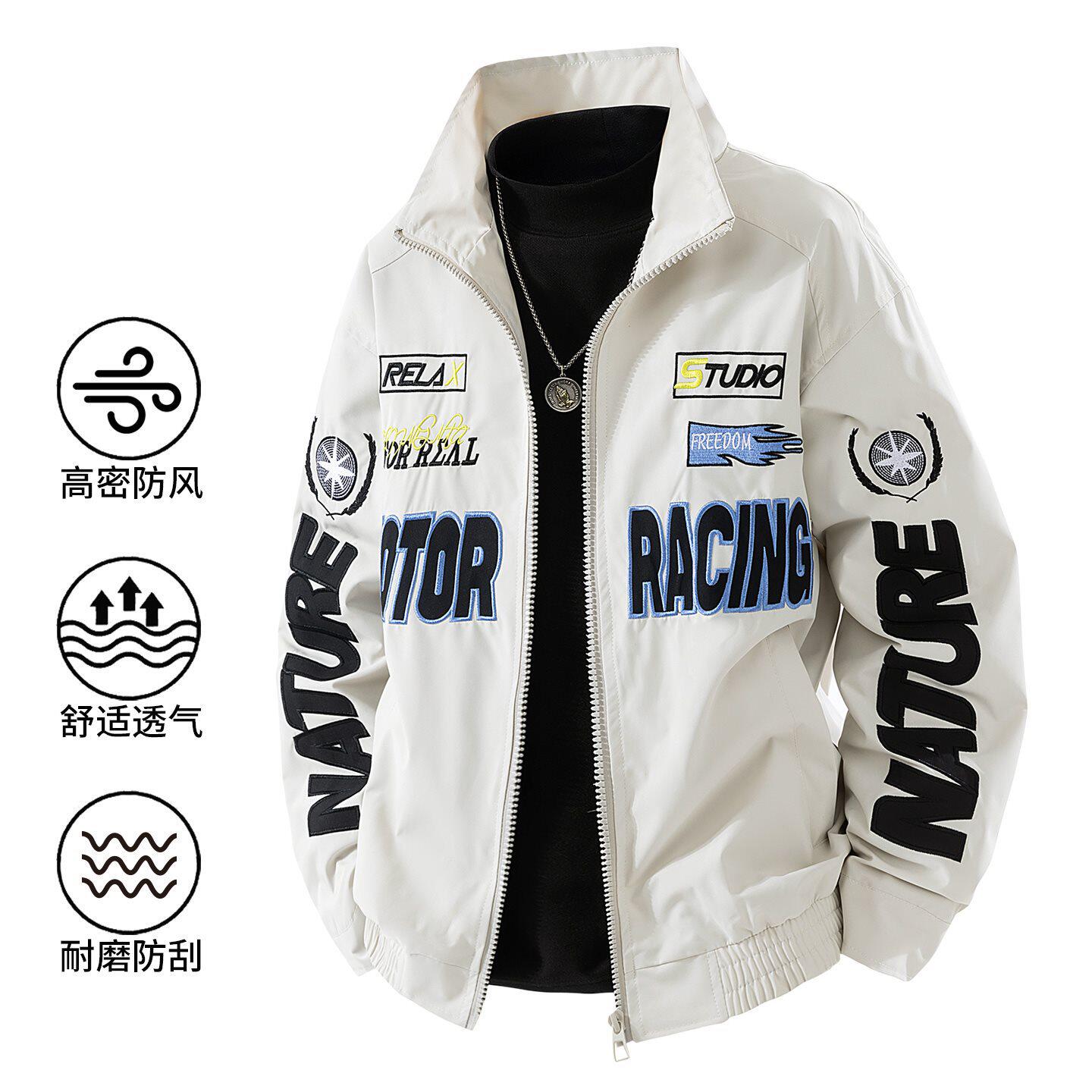 高街机车绣花夹克胸前手臂双绣花纽扣袖口设计聚酯纤维黑白双