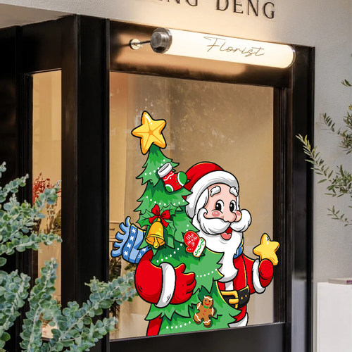 圣诞节日装饰橱窗静电玻璃门贴纸店铺气氛布置圣诞老人树窗花贴画