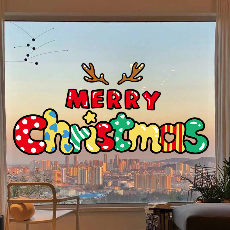彩色圣诞快乐英文贴纸门店铺布置