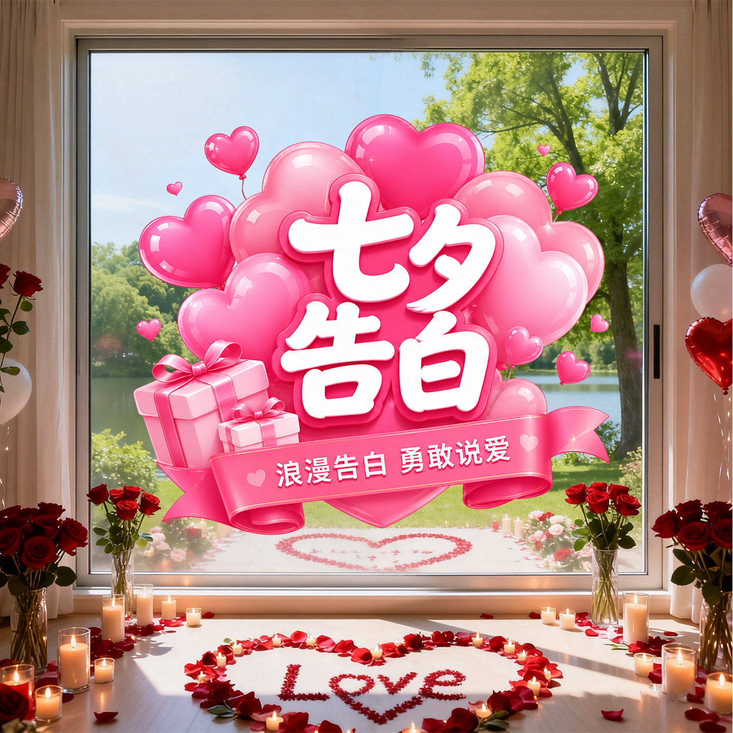 七夕告白爱心气球装饰婚纱花店橱窗玻璃浪漫节日氛围布置静电贴纸