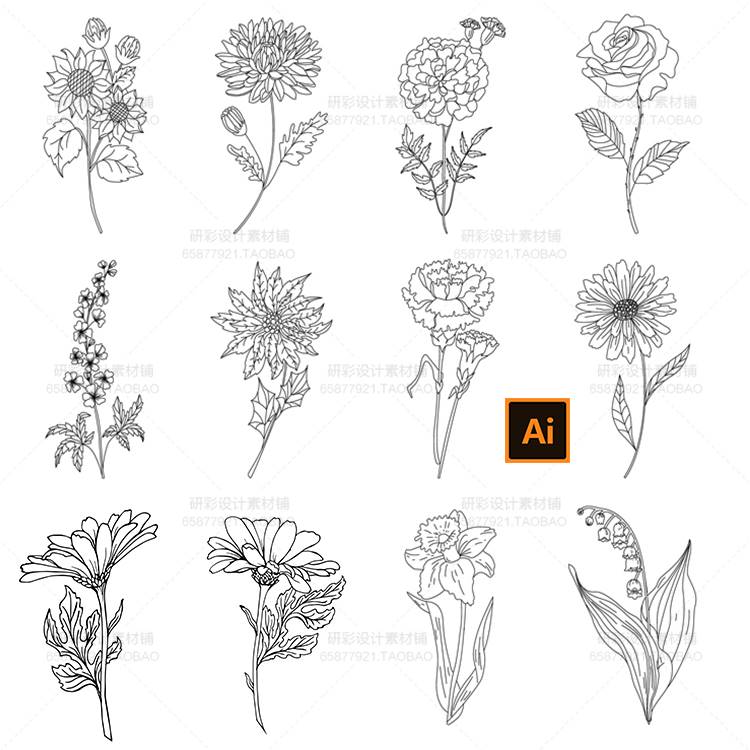 黑白简笔画线稿镂空雏菊风铃花菊花玫瑰花花卉手绘插画婚礼ai素材