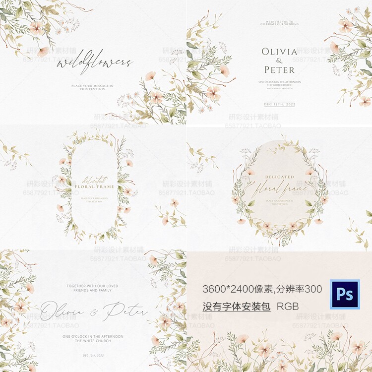 香槟色韩式文艺清新花卉边植物订婚礼海报邀请函led屏背景psd素材