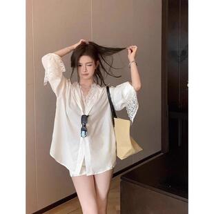 宽松设计感潮 新夏季 防晒假两件polo领长袖 女时尚 气质蕾丝拼接衬衫
