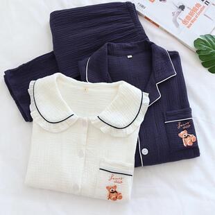 纯色大码 新款 家居服 绉布情侣套装 绉布睡衣 春夏秋双层棉纱男女式