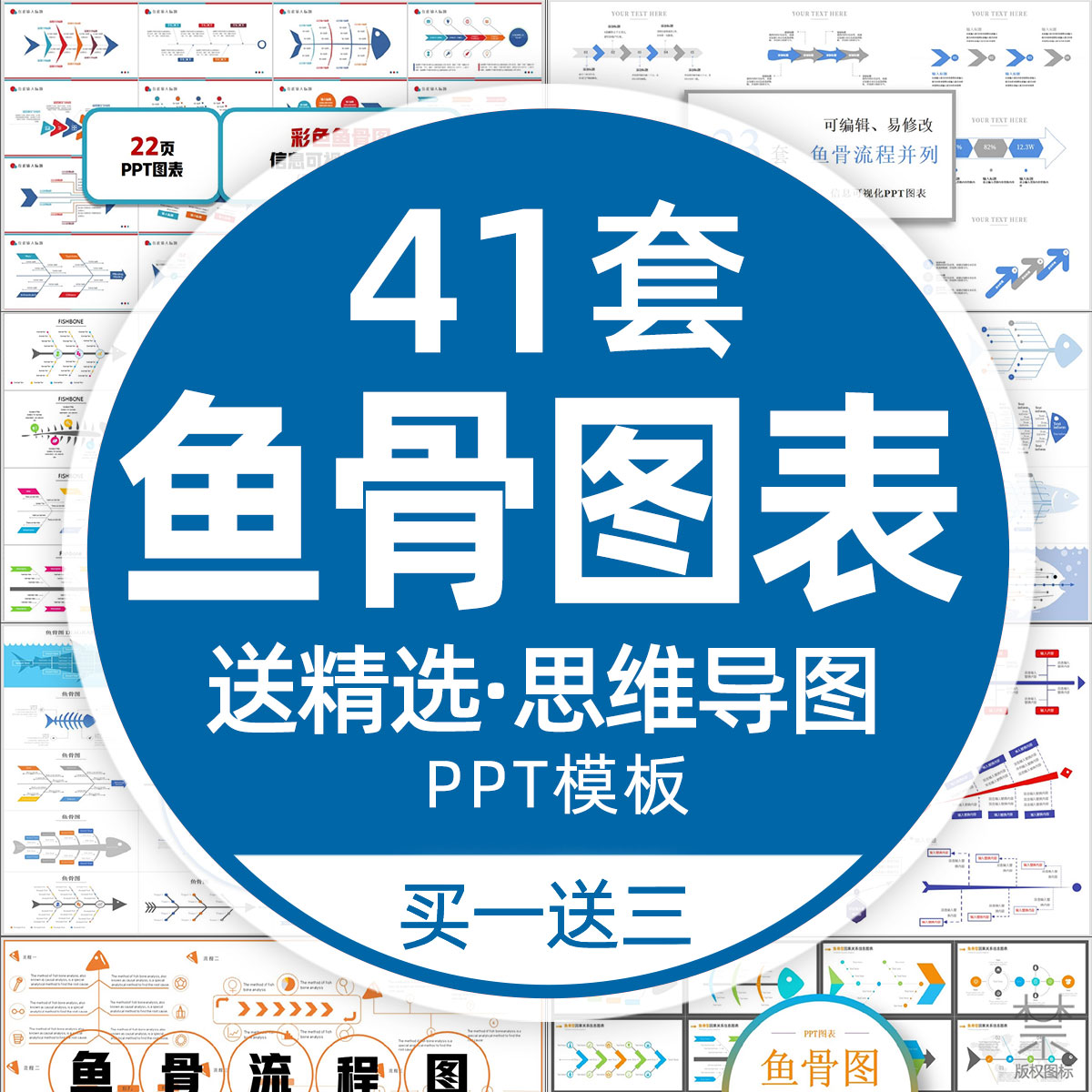 鱼骨图ppt模板 QC品管圈思维导图数据图表可视化流程图大脑树形图