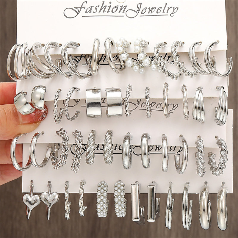 6pcs/set Silver Color Twist Hoop Earrings Set for Women