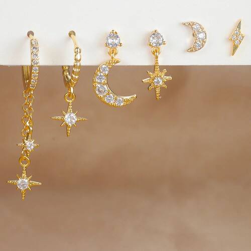 6PCS Fashion Cubic Zirconia Chain Star Moon Hoop Earring