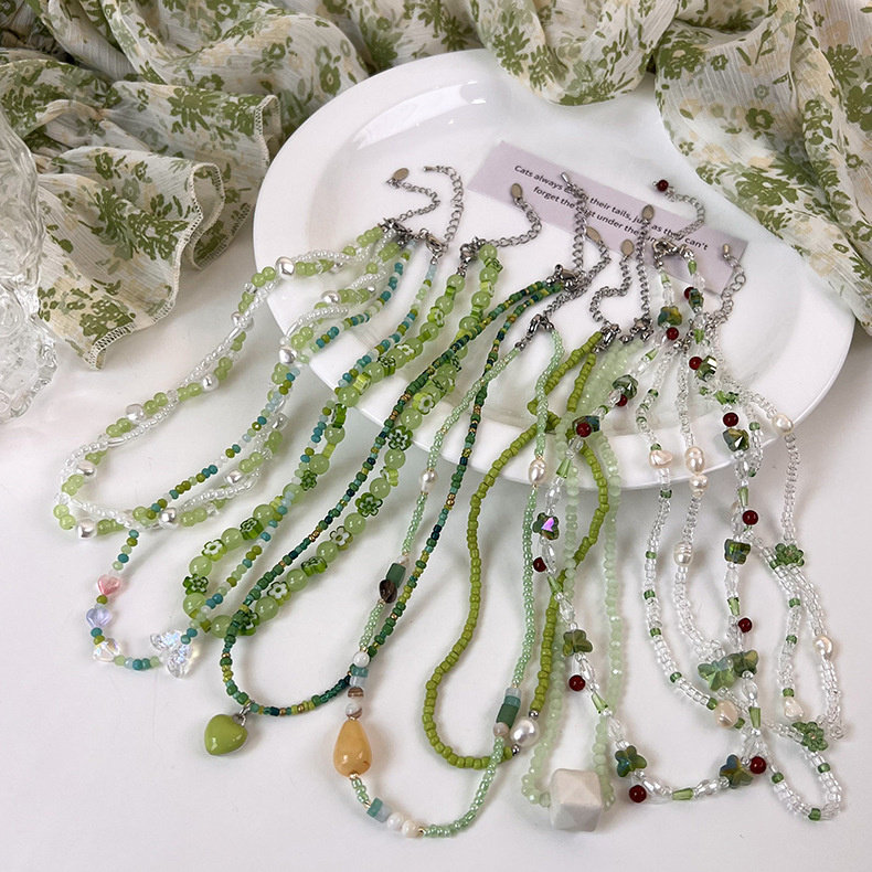 Summer Green Necklace Handmade Beaded Clavicle Chain Choker