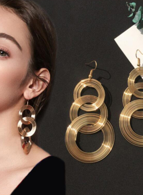 Punk Gold Colour Big Geometric 3 Circle Metal Long Dangle