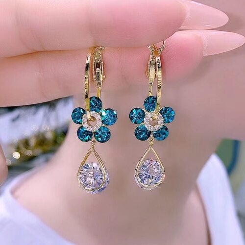 2023 Trend New Blue Crystal Flower Dangle Earrings For