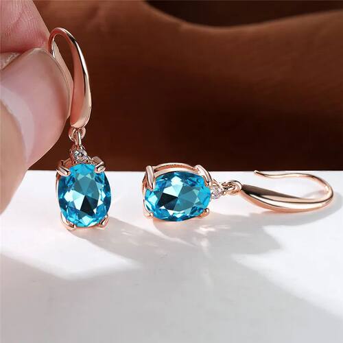 Aqua Blue Zircon Long Dangle Earrings Rainbow Crystal Oval