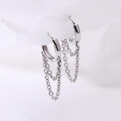 Silver Colour Double Layer Chain Tassel Hoop Earrings For