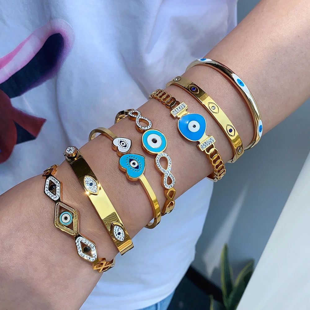 Zircon Evil Eye Bracelet For Women Stainless Steel Gold