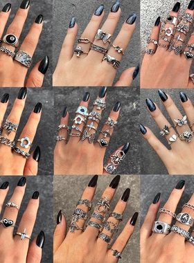 Vintage Silver Color Skull Heart Rings Set For Women Men