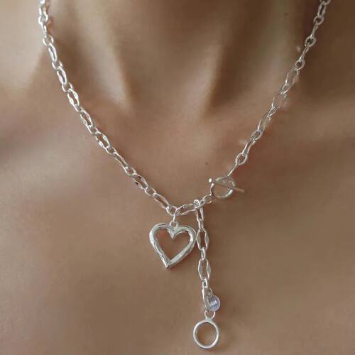 Silver Love Heart Asymmetry Necklace Hip Hop Street Jewelry