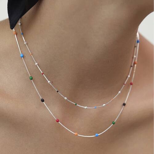 Sterling Silver Summer Rainbow Beads Chain Choker Necklace