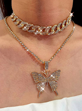 2023 Punk Cuban Double Layer Big Butterfly Pendant Necklace