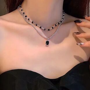 New Black Crystal Beaded Double Layer Necklace for Women