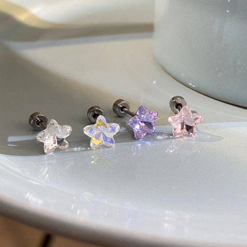 1pcs Shiny Pentagram Crystal Zircon Stainless Steel Ear