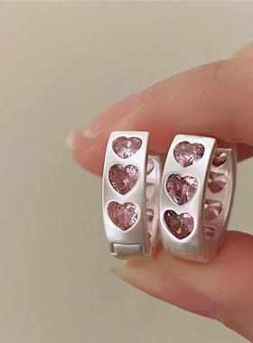 Korean Fashion Shiny Pink Heart Zircon Hoop Earrings for