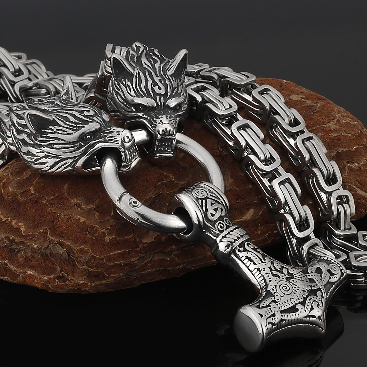 Wolf Head Men's Necklace Celtic Wolf Head Thor's Hammer