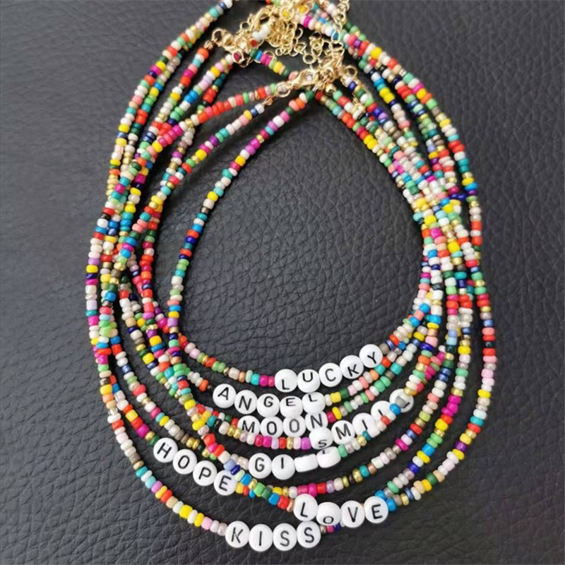 Boho Handmade Diy Rice Bead Necklace Letter Lucky Love Girl