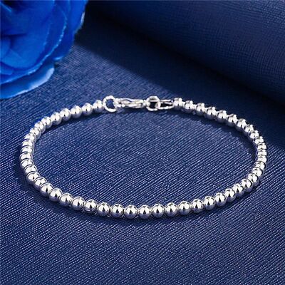 Sterling Silver Charm Bracelet for Women, 4mm Beads Chain,