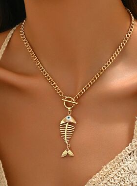 Hip Hop Ins Style Fish Bone Pendant Necklace Women Summer