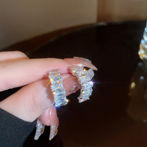 Luxurious Silver Color AAA Grade Zircon Curved Earrings For