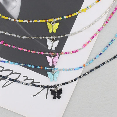 Cute Butterfly Pendant Necklace Women Boho Seed Beads