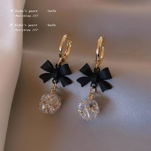 Elegant Lady Black Bow Zircon Ball Pendant Ear Button