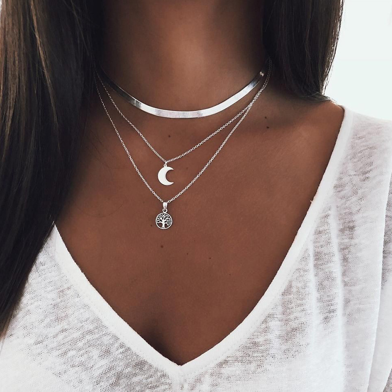 Popular 925 Sterling Silver Triple Layer Necklace Moon