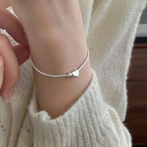 Sterling Silver Round Bead Heart-Shaped Snake Bone Bracelet
