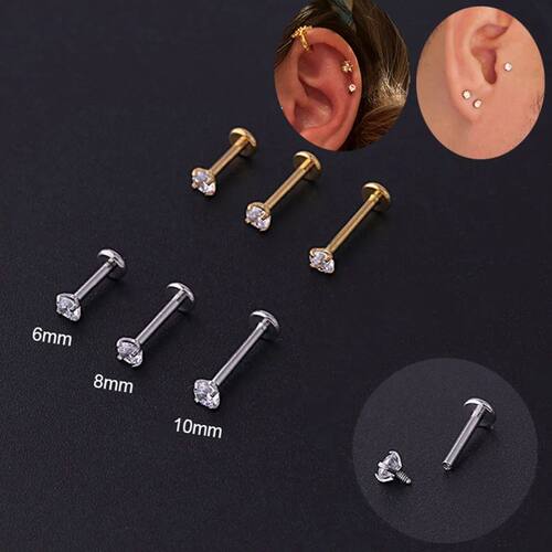 2PCS Stainless Steel Piercing Traguss Stud Crystal Labret