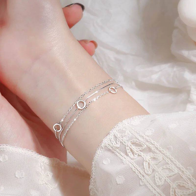 Plated  Silver Three-Layer Chain Circle Bracelet For Women