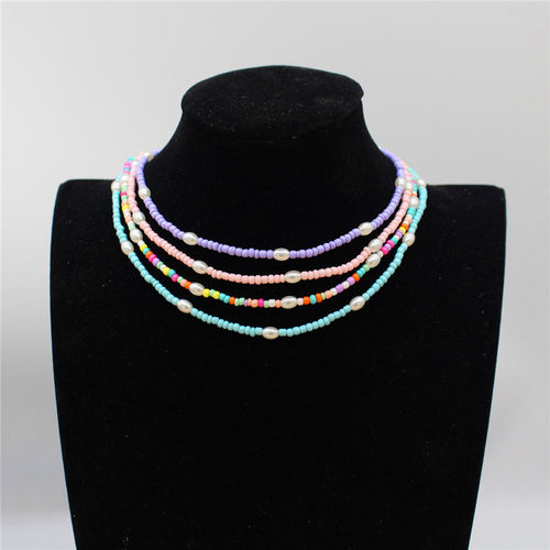 Boho Beads Necklace Women Pearl Seed Beaded Strand Short