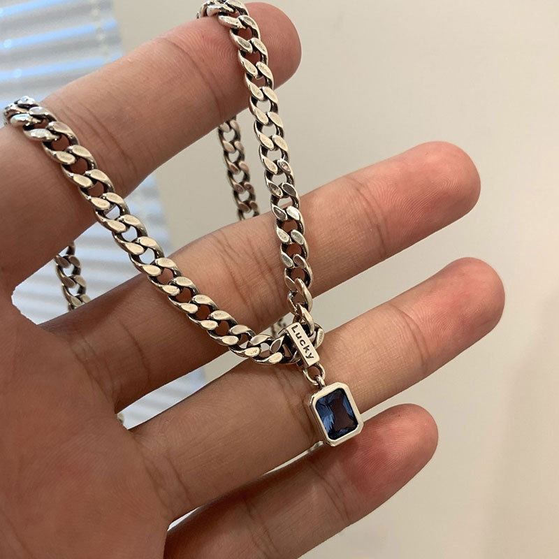 New 925 Sterling Silver Square Blue Zirconia Necklace Cuban