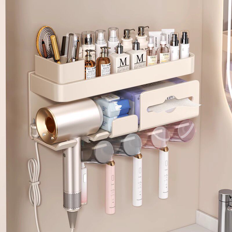 奶油风储物置物架卫生间太空铝漱口杯收纳壁挂式电动牙膏牙刷架子