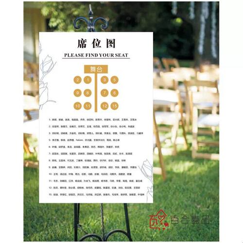 白色简约婚礼座位图婚宴席位图结婚座次表酒席席位牌制作印刷KT板