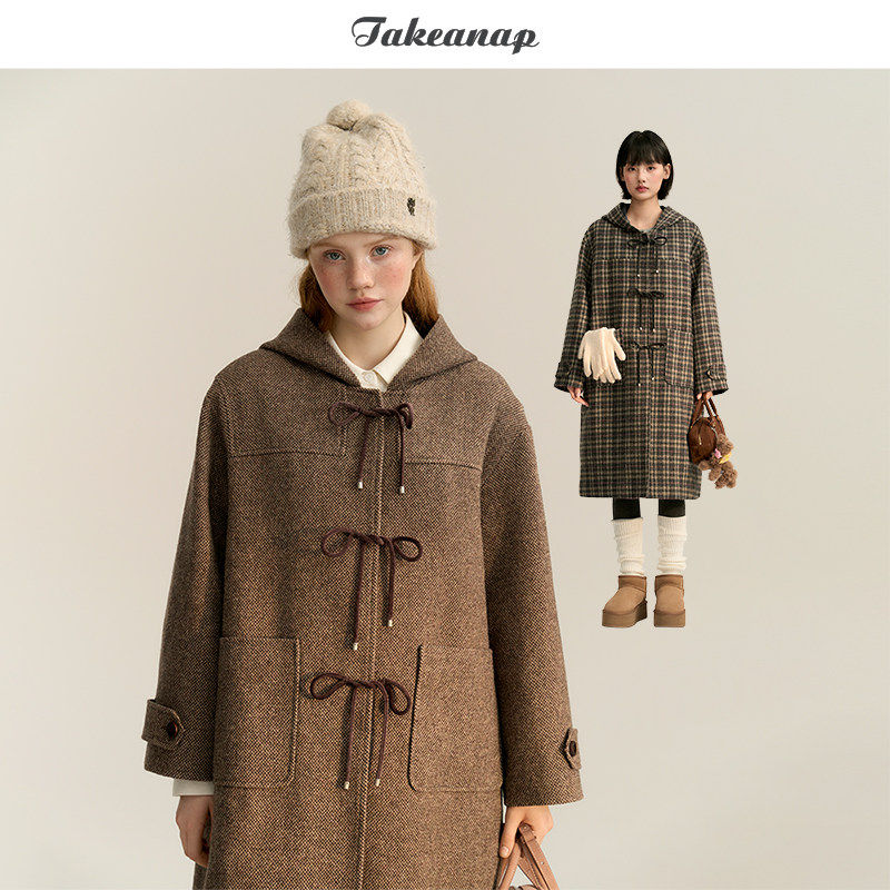 TAKEANAP午睡 复古羊毛连帽毛呢大衣女秋冬蝴蝶结加厚夹棉外套