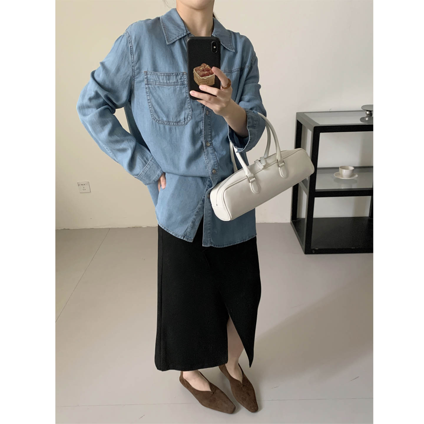 荷宝娜高腰直筒开叉半身裙女2025新款复古设计感显瘦西装裙秋冬