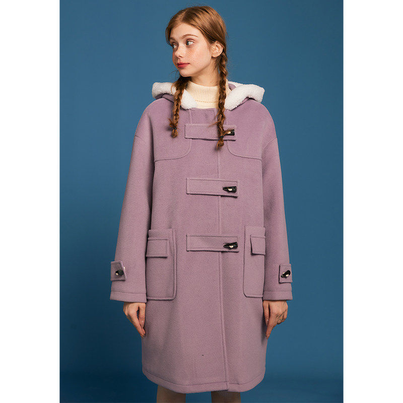 午睡自制 羊羔毛牛角扣毛呢大衣女秋冬宽松连帽中长款学院风外套