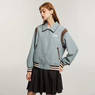 午睡自制 复古棒球服外套女早春撞色拼皮刺绣学院风休闲上衣ins潮