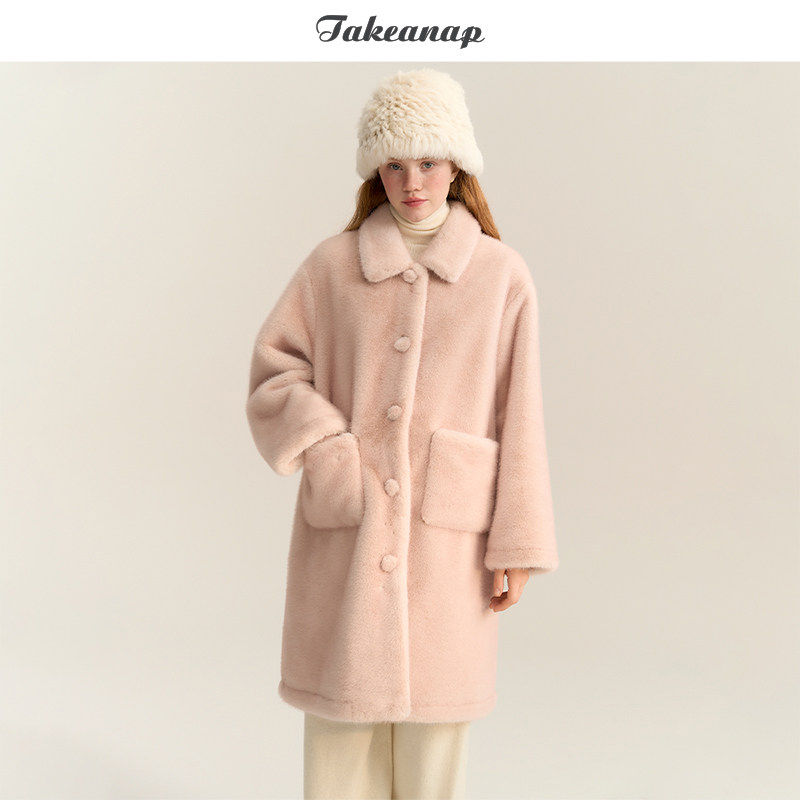 TAKEANAP午睡 毛茸茸粉色仿貂毛外套女冬双层加厚毛感中长款大衣